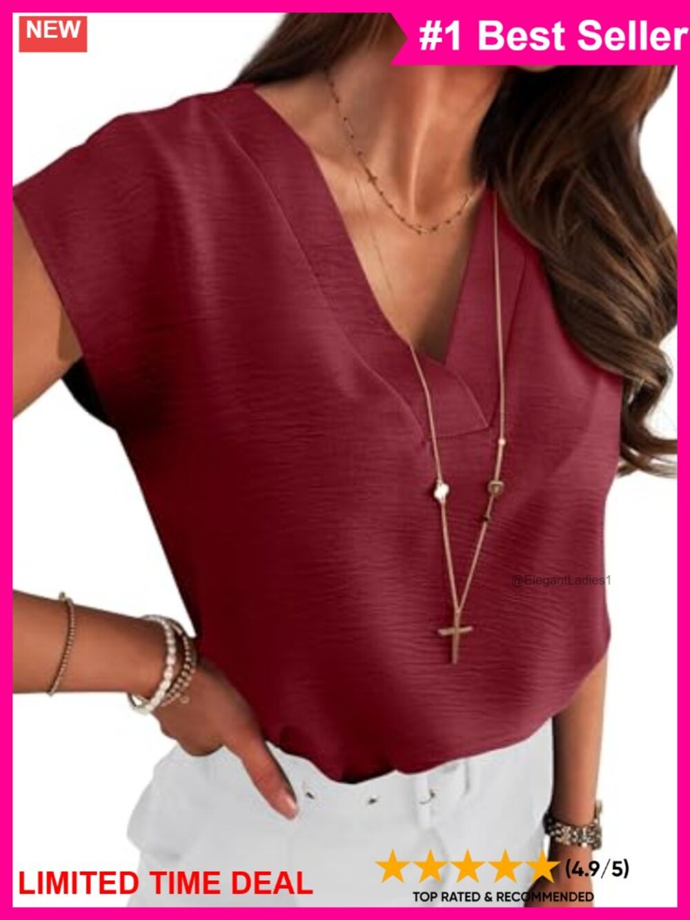Women's V-Neck Blouse Cap Sleeve Business Casual Top Loose Fit